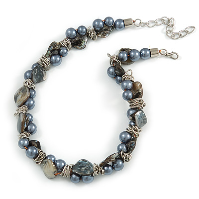 Exquisite Faux Pearl & Shell Composite Silver Tone Link Necklace In Grey - 44cm L/ 7cm Ext - main view