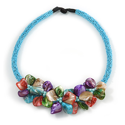Stunning Light Blue Glass Bead with Multicoloured Shell Floral Motif Necklace - 48cm Long