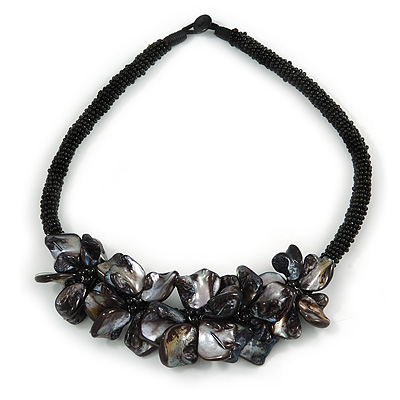 Stunning Black Glass Bead with  Black Shell Floral Motif Necklace - 48cm Long - main view