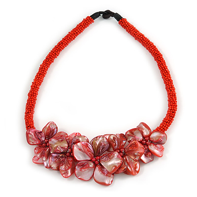 Stunning Glass Bead with Shell Floral Motif Necklace In Red - 48cm Long