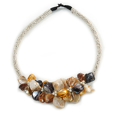 Stunning White Glass Bead with Shell Floral Motif Necklace (Brown, Yellow, Grey) - 48cm Long - main view
