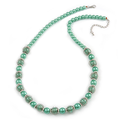 Light Green Glass Bead with Silver Tone Metal Wire Element Necklace - 64cm L/ 4cm Ext - main view