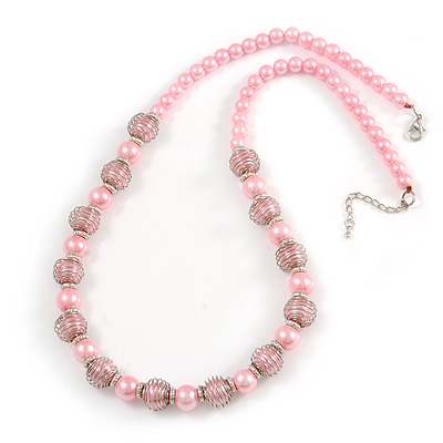 Light Pink Glass Bead with Silver Tone Metal Wire Element Necklace - 64cm L/ 4cm Ext