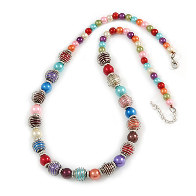 Multicoloured Glass Bead with Silver Tone Metal Wire Element Necklace - 64cm L/ 4cm Ext - main view