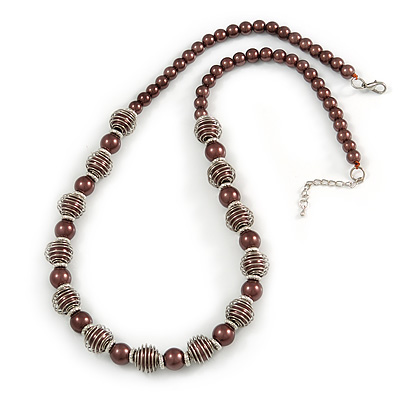Chocolate Brown Glass Bead with Silver Tone Metal Wire Element Necklace - 64cm L/ 4cm Ext - main view