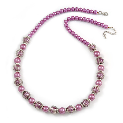 Purple Glass Bead with Silver Tone Metal Wire Element Necklace - 64cm L/ 4cm Ext - main view