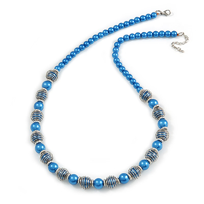 Blue Glass Bead with Silver Tone Metal Wire Element Necklace - 64cm L/ 4cm Ext - main view