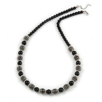 Black Glass Bead with Silver Tone Metal Wire Element Necklace - 64cm L/ 4cm Ext - main view