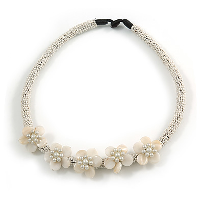 White Glass Bead with Shell Floral Motif Necklace - 48cm Long - main view