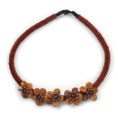 Brown Glass Bead with Shell Floral Motif Necklace - 48cm Long - main view