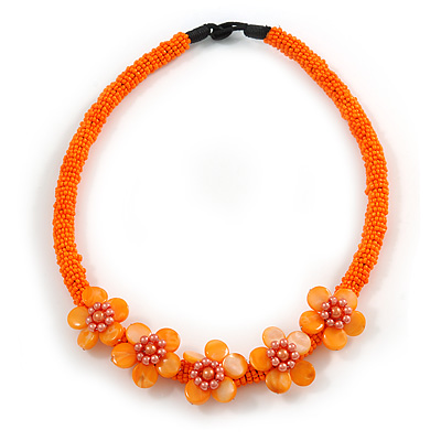 Peach Orange Glass Bead with Shell Floral Motif Necklace - 48cm Long - main view