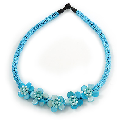 Light Blue Glass Bead with Shell Floral Motif Necklace - 48cm Long - main view