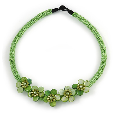 Lime Green Glass Bead with Shell Floral Motif Necklace - 48cm Long