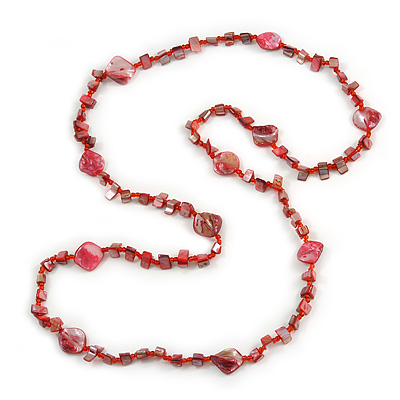 Long Red Glass Bead, Sea Shell Nugget Necklace - 126cm L - main view