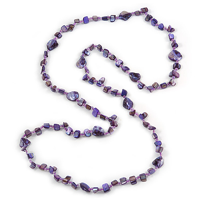 Long Purple Glass Bead, Sea Shell Nugget Necklace - 126cm L - main view