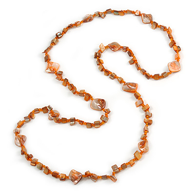 Long Burnt Orange Glass Bead, Sea Shell Nugget Necklace - 126cm L