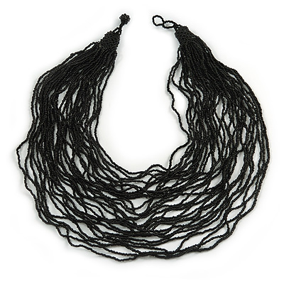 Chunky Black Glass Bead Bib Multistrand Layered Necklace - 80cm L - main view