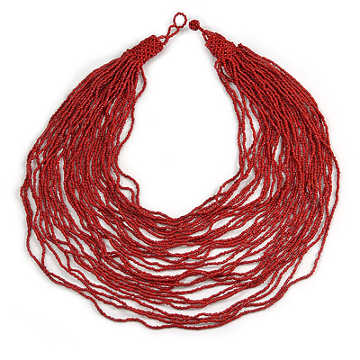 Chunky Ox Blood Red Glass Bead Bib Multistrand Layered Necklace - 80cm L - main view