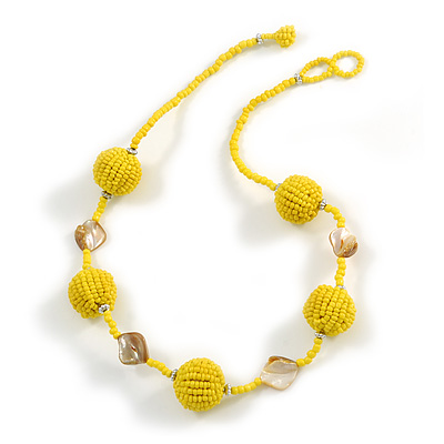 Banana Yellow Glass Ball Bead and Sea Shell Nugget Necklace - 47cm Long - main view