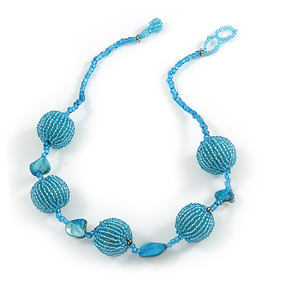 Light Blue Glass Ball Bead and Sea Shell Nugget Necklace - 47cm Long - main view