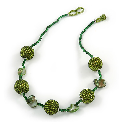 Olive/ Green Glass Ball Bead and Sea Shell Nugget Necklace - 47cm Long - main view