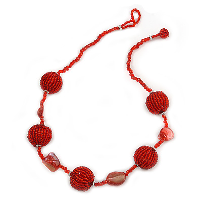 Red Glass Ball Bead and Sea Shell Nugget Necklace - 47cm Long - main view