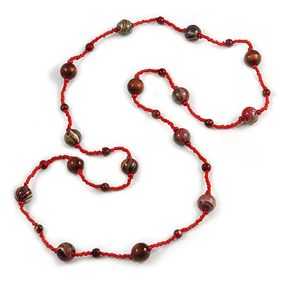 Statement Red Glass Bead with Brown Wood Ball Long Necklace - 145cm L - main view