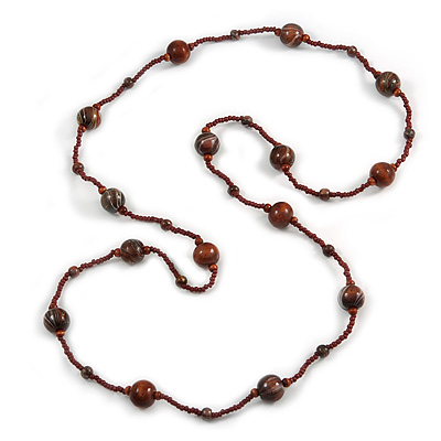 80cm L Avalaya Long Brown Wood and Transparent Acrylic Bead with Olive Cotton Cords Necklace 