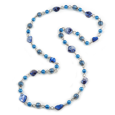Long Glass and Shell Bead with Silver Tone Metal Wire Element Necklace In Blue - 120cm L