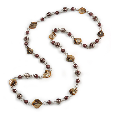 Long Glass and Shell Bead with Silver Tone Metal Wire Element Necklace In Brown - 120cm L - main view