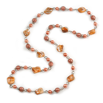 Long Glass and Shell Bead with Silver Tone Metal Wire Element Necklace In Peach Orange - 120cm - main view