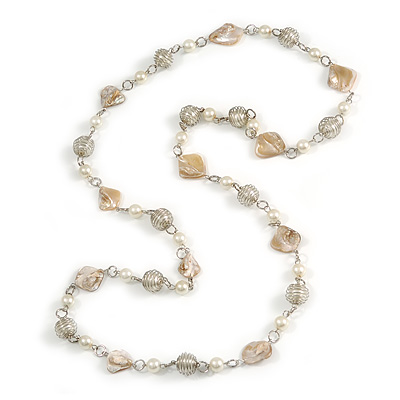 Long Glass and Shell Bead with Silver Tone Metal Wire Element Necklace In Cream/ Antique White - 120cm L - main view