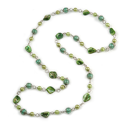 Long Glass and Shell Bead with Silver Tone Metal Wire Element Necklace In Green - 120cm - main view