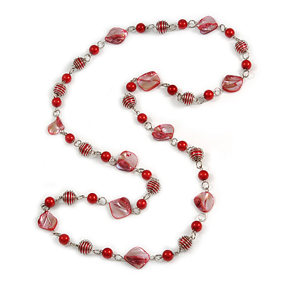 Long Glass and Shell Bead with Silver Tone Metal Wire Element Necklace In Red - 120cm - main view