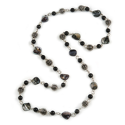 Long Glass and Shell Bead with Silver Tone Metal Wire Element Necklace In Black - 120cm L - main view
