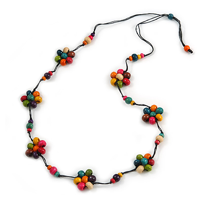Stunning Multicoloured Wood Flower Black Cotton Cord Long Necklace - 90cm L - main view