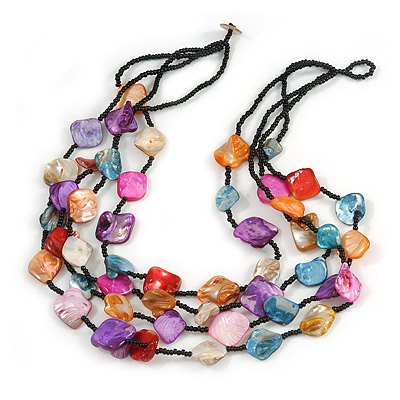 Multistrand Multicoloured Sea Shell and Black Glass Bead Necklace - 80cm Long - main view