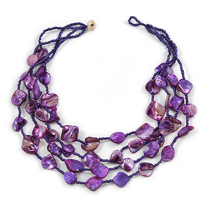 Multistrand Purple Sea Shell and Glass Bead Necklace - 60cm Long - main view
