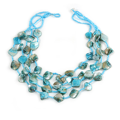 Multistrand Light Blue Sea Shell and Glass Bead Necklace - 60cm Long - main view