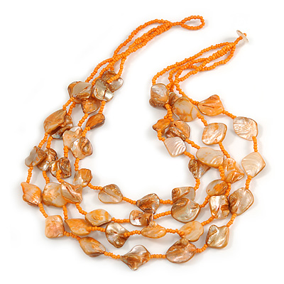 Multistrand Orange Sea Shell and Glass Bead Necklace - 60cm Long - main view