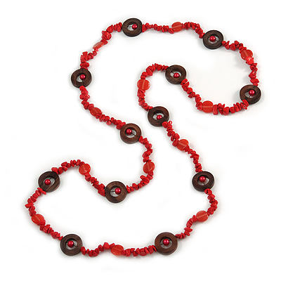 Long Red Semiprecious Stone, Ceramic Bead, Brown Wood Ring Necklace - 106cm L