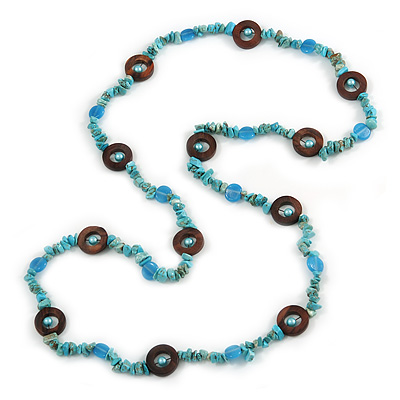 Long Turquoise Stone, Ceramic Bead, Brown Wood Ring Necklace - 102cm L - main view