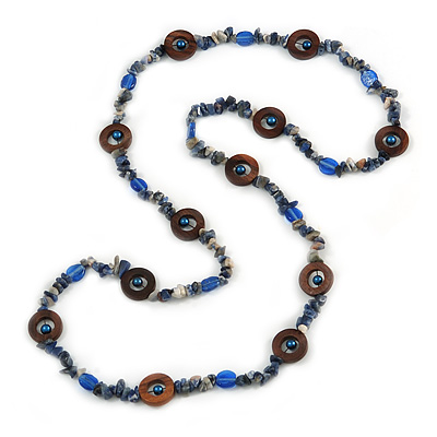 Long Blue Semiprecious Stone, Ceramic Bead, Brown Wood Ring Necklace - 102cm L - main view