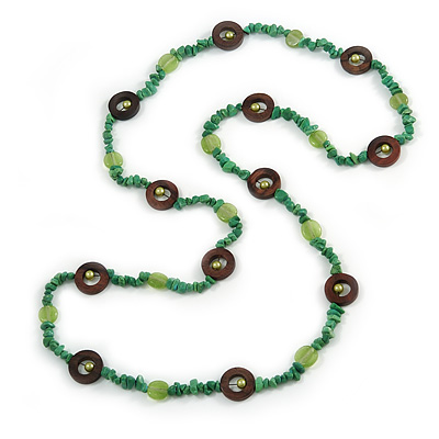 Long Forest Green Semiprecious Stone, Ceramic Bead, Brown Wood Ring Necklace - 106cm L - main view