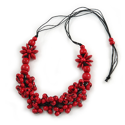 Cherry Red Wood Bead Cluster Black Cotton Cord Necklace - 76cm L/ Adjustable - main view