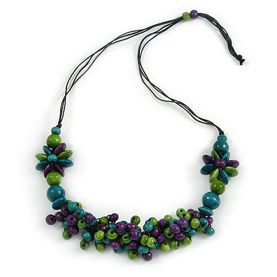 Teal/ Purple/ Lime Green Wood Bead Cluster Black Cotton Cord Necklace - 76cm L/ Adjustable - main view