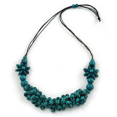 Teal Wood Bead Cluster Black Cotton Cord Necklace - 76cm L/ Adjustable - main view