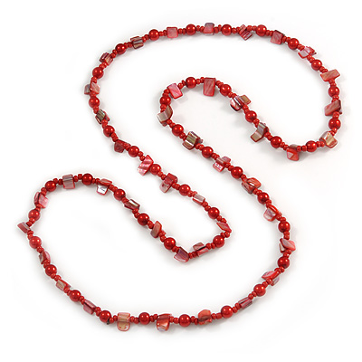 Red Glass and Shell Bead Long Necklace - 106cm Long - main view