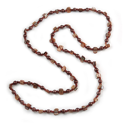 Brown Glass and Orange Shell Bead Long Necklace - 106cm Long - main view