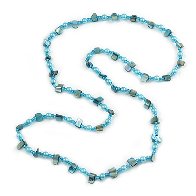 Light Blue Glass and Shell Bead Long Necklace - 106cm Long - main view